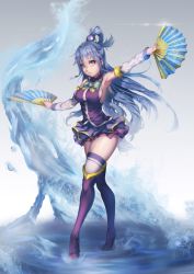 Rule 34 | 1girl, aqua (konosuba), armpits, blue eyes, blue hair, blue skirt, boots, bow, breasts, brooch, detached sleeves, folding fan, full body, glint, gradient background, green bow, grey background, hair ornament, hair rings, hand fan, head tilt, high heel boots, high heels, highres, jewelry, knee boots, kono subarashii sekai ni shukufuku wo!, layered skirt, long hair, looking at viewer, medium breasts, neck ribbon, outstretched arms, over-kneehighs, parted lips, proudsoul, purple footwear, purple vest, ribbon, sideboob, skirt, solo, spread arms, standing, thigh boots, thighhighs, thighhighs under boots, very long hair, vest, water, white thighhighs
