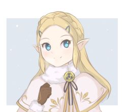 Rule 34 | 1girl, blonde hair, blue background, brown gloves, chocomiru, closed mouth, coat, gloves, long hair, looking back, nintendo, official alternate costume, pointy ears, ponytail, princess zelda, smile, snowing, solo, the legend of zelda, the legend of zelda: breath of the wild, triforce print, white background, winter clothes, winter coat