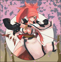 Rule 34 | 1girl, amputee, baiken, bandages, breasts, cleavage, eyepatch, facial mark, facial tattoo, forehead mark, goggles, guilty gear, guilty gear xrd, jacket, jacket on shoulders, japanese clothes, katana, kimono, large breasts, long hair, no bra, obi, one-eyed, open clothes, open kimono, pink eyes, pink hair, ponytail, quentin lecuiller, reverse grip, sash, scar, scar across eye, scar on face, solo, sword, tattoo, weapon