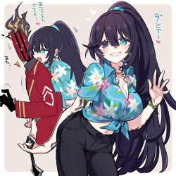 Rule 34 | 1girl, 1other, arm tattoo, armband, blue eyes, blue hair, blue hairband, breasts, cleavage, coat, collared shirt, dante (limbus company), dark blue hair, floral print, genderswap, genderswap (mtf), grey eyes, hairband, hawaiian shirt, heterochromia, high ponytail, highres, holding, holding knife, holding weapon, hong lu (project moon), jewelry, knife, large breasts, limbus company, looking at viewer, necktie, object head, pants, project moon, red necktie, shiki (shikki46), shirt, smile, tattoo, translation request, weapon