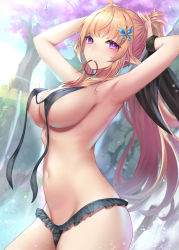 Rule 34 | 1girl, ahoge, armpits, arms up, bikini, black bikini, black ribbon, blonde hair, breasts, cleavage, cowboy shot, day, elf, groin, hair ornament, hair tie in mouth, large breasts, long hair, looking at viewer, mizuya nao, mouth hold, nature, navel, original, outdoors, pointy ears, ponytail, ribbon, sidelocks, solo, standing, stomach, swimsuit, tree, untied bikini, very long hair, wrist ribbon