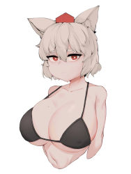 Rule 34 | 1girl, animal ear fluff, animal ears, bad id, bad pixiv id, bare shoulders, bikini, breasts, bright pupils, cleavage, closed mouth, collarbone, covered erect nipples, cropped torso, hair between eyes, hat, inubashiri momiji, large breasts, looking at viewer, mole, mole on breast, navel, red eyes, red hat, short hair, simple background, solo, soya6479, sweat, swimsuit, tokin hat, touhou, upper body, white background, white hair, white pupils, wolf ears