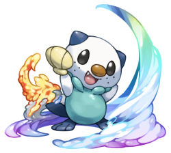Rule 34 | :d, arms up, black eyes, commentary request, fang, fins, fire, full body, gen 5 pokemon, looking at viewer, no humans, open mouth, oshawott, pearl7, pokemon, pokemon (creature), rainbow, seashell, shell, simple background, smile, solo, standing, water, white background