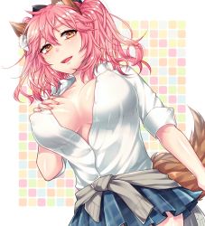 Rule 34 | 10s, 1girl, animal ears, aoi chimaki, blush, breasts, center opening, clothes around waist, commentary request, covered erect nipples, fate/extra, fate (series), fox ears, fox tail, from below, large breasts, looking at viewer, looking down, miniskirt, official alternate costume, open clothes, open shirt, partially unbuttoned, pink hair, grabbing own breast, shirt, short hair, skirt, sleeves rolled up, solo, sweater, sweater around waist, tail, tamamo (fate), tamamo no mae (fate/extra), white shirt, yellow eyes