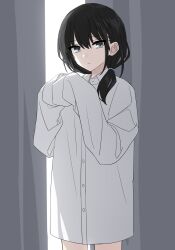 Rule 34 | 1girl, bad link, black hair, buttons, chorefuji, closed mouth, collared shirt, commentary request, eyelashes, grey eyes, hair over shoulder, hands up, highres, long hair, long sleeves, looking at viewer, original, oversized clothes, oversized shirt, shirt, sidelocks, sleeves past wrists, solo, white shirt