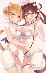 Rule 34 | 2girls, :d, ahoge, animal ears, ayamy, ayamy (vtuber), bare arms, bare shoulders, blonde hair, blue eyes, bra, breast press, breasts, bridal garter, brown hair, cat ears, cat girl, cat tail, choker, cleavage, cowboy shot, extra ears, fang, frilled bra, frilled choker, frilled panties, frills, hair rings, hand on another&#039;s back, highres, hololive, indie virtual youtuber, kemonomimi mode, leash, long hair, looking at viewer, medium breasts, mini wings, multiple girls, navel, one side up, open mouth, panties, short hair, smile, stomach, strap gap, symmetrical docking, tail, tail raised, thighs, underwear, underwear only, virtual youtuber, white bra, white panties, wings, yellow eyes, yozora mel