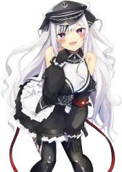 Rule 34 | 1girl, apron, azur lane, bare shoulders, black dress, black gloves, black thighhighs, breasts, cross, dress, elbe (azur lane), fang, gloves, highres, iron cross, leaning forward, long hair, looking at viewer, medium breasts, nori aji, purple eyes, simple background, skin fang, solo, thighhighs, white apron, white background, white hair