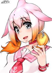 Rule 34 | 10s, 2017, :d, black eyes, blonde hair, chinese white dolphin (kemono friends), choker, dated, fins, gradient hair, hair between eyes, hand up, happa (cloverppd), head fins, kemono friends, looking at viewer, multicolored hair, open mouth, orange hair, pink choker, pink hair, pink serafuku, school uniform, serafuku, signature, smile, solo, twintails, upper body