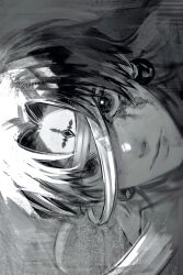 Rule 34 | 1boy, bandages, chrollo lucilfer, closed mouth, earrings, forehead tattoo, greyscale, highres, hunter x hunter, jewelry, king bong 8, looking at viewer, male focus, monochrome, parted bangs, portrait, short hair, sideways, solo
