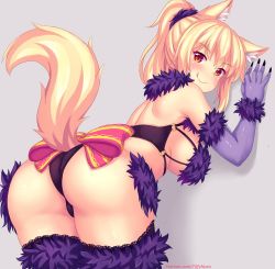 Rule 34 | 1girl, :p, animal ear fluff, animal ears, ass, blush, bow, breasts, cat ears, cat tail, claws, cosplay, elbow gloves, fate/grand order, fate (series), fur-trimmed gloves, fur-trimmed legwear, fur collar, fur trim, gloves, grey background, highres, large breasts, long hair, looking at viewer, looking back, mash kyrielight, mash kyrielight (dangerous beast), mash kyrielight (dangerous beast) (cosplay), nottytiffy, o-ring, o-ring top, official alternate costume, original, purple gloves, purple legwear, red eyes, slit pupils, smile, solo, tail, tiffy (nottytiffy), tongue, tongue out