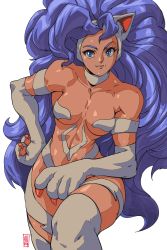 Rule 34 | 1girl, animal ears, animal hands, arm on knee, bare shoulders, big hair, blue eyes, blue hair, breasts, capcom, cat ears, cat girl, cat paws, claws, cowboy shot, david liu, fangs, felicia (vampire), flat color, fur, hand on own hip, highres, long hair, looking at viewer, medium breasts, narrow waist, simple background, smile, solo, toned, vampire (game), very long hair, white background, white fur