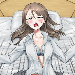 Rule 34 | 1girl, blue bra, blush, bra, breasts, brown eyes, brown hair, cleavage, collared shirt, dress shirt, girls und panzer, grey skirt, implied sex, long hair, looking at viewer, lying, mika (girls und panzer), motion lines, on back, one eye closed, open mouth, out-of-frame censoring, rents (akirents), shirt, skirt, solo, sweat, teeth, tongue, underwear