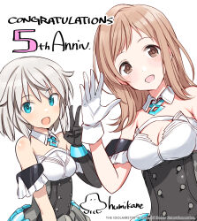 Rule 34 | 2girls, 30 minutes sisters, absurdres, aqua eyes, bandai, bare shoulders, black gloves, brown eyes, brown hair, commentary request, detached collar, gloves, grey hair, highres, idolmaster, idolmaster shiny colors, long hair, looking at viewer, multiple girls, official art, open mouth, rishetta (30ms), sakuragi mano, shimada fumikane, short hair, white background, white gloves