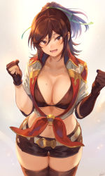 Rule 34 | 1girl, absurdres, belt, belt buckle, bikini, bikini top only, breasts, brown eyes, brown hair, buckle, cleavage, collarbone, commentary request, cowboy shot, elbow gloves, gloves, grey background, guilt (game), hair between eyes, highres, large breasts, long hair, looking at viewer, mashuu (neko no oyashiro), medium hair, midriff, mole, mole on breast, mole under eye, navel, open mouth, ponytail, short sleeves, shorts, simple background, smile, solo, stomach, swimsuit, teeth, thighhighs, tongue