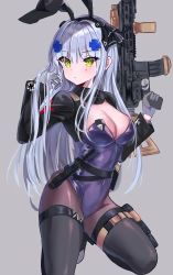 Rule 34 | 1girl, absurdres, animal ears, assault rifle, bad id, bad pixiv id, baggy pants, black pantyhose, blue hair, breasts, cleavage, clming, fake animal ears, girls&#039; frontline, gloves, green eyes, grey background, grey gloves, gun, h&amp;k hk416, hair ribbon, hand in own hair, highres, hk416 (girls&#039; frontline), knife sheath, leotard, long hair, looking at viewer, medium breasts, pants, pantyhose, playboy bunny, rabbit ears, ribbon, rifle, sitting, sitting on lap, sitting on person, solo, standing, standing on one leg, thigh strap, thighhighs, thighs, weapon