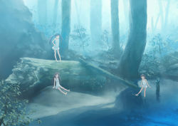 Rule 34 | 3girls, barefoot, dress, fog, forest, hand on own hip, isou nagi, long hair, multiple girls, nature, original, pigeon-toed, scenery, short hair, sitting, soaking feet, standing, tree, twintails, wading, water, white dress