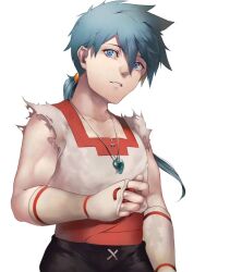 Rule 34 | 1boy, blue eyes, blue hair, breath of fire, breath of fire iv, collarbone, fingerless gloves, gloves, haruno14, jewelry, looking at viewer, male focus, necklace, ryuu (breath of fire iv), simple background, solo, white background