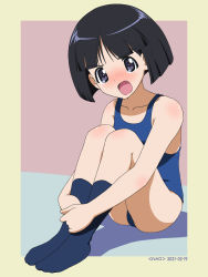 Rule 34 | 1girl, artist name, ass, black hair, blue eyes, blue one-piece swimsuit, blush, cameltoe, collarbone, dated, full body, girls und panzer, highres, looking at viewer, naotosi, one-piece swimsuit, open mouth, shiny skin, short hair, sitting, solo, sono midoriko, swimsuit