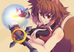 Rule 34 | 1girl, animal ears, antenna hair, arc system works, bare shoulders, blazblue, blazblue: continuum shift, breasts, brown eyes, brown hair, clothes lift, fingerless gloves, gloves, large breasts, makoto nanaya, midriff, shirt lift, short hair, solo, squirrel ears, squirrel tail, tail, tonfa, underboob, weapon, yude