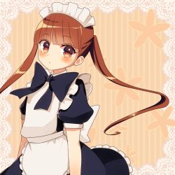 Rule 34 | 1girl, apron, back bow, black bow, black bowtie, black dress, blunt bangs, blush, bow, bowtie, brown eyes, brown hair, commentary, dress, long hair, looking at viewer, maid, maid headdress, mikeseneko, original, puffy short sleeves, puffy sleeves, short sleeves, solo, striped, striped background, twintails, upper body, vertical stripes, white bow