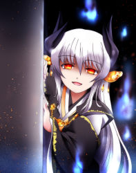 Rule 34 | 1girl, around corner, artist request, blue fire, dark background, fate/grand order, fate (series), fire, hair ornament, highres, horns, japanese clothes, kimono, kiyohime (fate), kiyohime (third ascension) (fate), light particles, long hair, looking at viewer, open mouth, red eyes, silver hair, smile, solo, yandere