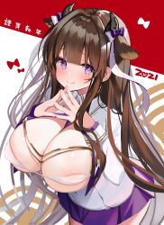 Rule 34 | 1girl, animal ears, azur lane, blunt bangs, blush, breasts, breasts out, brown hair, cleavage, closed mouth, cow ears, cow horns, fingers together, hair intakes, highres, horns, huge breasts, kashino (azur lane), light smile, long hair, long sleeves, looking at viewer, miniskirt, purple eyes, purple skirt, shiika yuno, skirt, solo, standing, uniform, very long hair