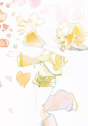 Rule 34 | 1girl, ^ ^, bare shoulders, blonde hair, bow, closed eyes, detached sleeves, hair bow, hair ornament, hairclip, happy, headphones, headset, heart, highres, kagamine rin, large bow, leg up, leg warmers, midriff, navel, neckerchief, number tattoo, open mouth, sailor collar, shimeji (user fkzg7225), shorts, shoulder tattoo, smile, solo, standing, standing on one leg, tattoo, vocaloid, white bow, yellow neckerchief