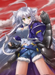 Rule 34 | 10s, 1girl, ahoge, animal ears, armor, breasts, cat ears, cat tail, cloud, dog days, fingerless gloves, gloves, highres, large breasts, leonmitchelli galette des rois, long hair, red sky, setomi sora, setoumi sora, shorts, silver hair, sky, solo, tail, thighs, yellow eyes