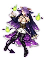Rule 34 | 1girl, black nails, black thighhighs, blush, boots, breasts, cleavage, demon tail, detached sleeves, full body, green eyes, hair over one eye, highres, horns, kiritani846, large breasts, long sleeves, looking at viewer, nail polish, original, pants, purple hair, short hair, simple background, solo, tail, thigh boots, thighhighs, transparent background, white background, white pants