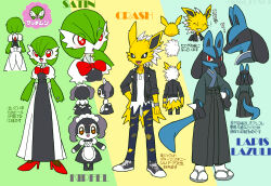 Rule 34 | 2boys, 2girls, ^ ^, animal ears, animal hands, apron, arms at sides, artist name, back bow, black apron, black bow, black bowtie, black dress, black footwear, black hakama, black jacket, black sclera, blue pants, blush, bob cut, bow, bowtie, brown eyes, character name, character sheet, closed eyes, closed mouth, clothed pokemon, clothing cutout, colored sclera, colored skin, cowboy shot, creatures (company), cropped legs, cross-laced footwear, denim, dog tags, dress, english text, eyes visible through hair, fang, flat chest, flat color, from behind, from side, full body, furry, furry female, furry male, game freak, gardevoir, gen 1 pokemon, gen 3 pokemon, gen 4 pokemon, gen 8 pokemon, goat girl, goat horns, green hair, green kimono, green skin, grey footwear, grey horns, grin, hair between eyes, hakama, hand on own hip, hand to own mouth, hand up, happy, high heels, highres, horns, indeedee, indeedee (female), jacket, japanese clothes, japanese text, jeans, jewelry, jolteon, kiki (431642), kimono, long sleeves, looking at viewer, lucario, maid, maid headdress, multicolored background, multicolored skin, multiple boys, multiple girls, necklace, nintendo, notice lines, o o, open clothes, open jacket, open mouth, pants, personification, pokemon, pokemon (creature), profile, puffy short sleeves, puffy sleeves, punk, red bow, red bowtie, red eyes, red footwear, ring, sandals, shirt, shoes, short hair, short sleeves, smile, sneakers, snout, socks, spiked hair, spikes, standing, straight-on, tail, tail through clothes, teeth, torn clothes, torn pants, torn shirt, traditional bowtie, translation request, twitter username, two-tone skin, waitress, watermark, white bow, white dress, white eyes, white fur, white hair, white shirt, white skin, white socks, wide sleeves, wolf boy, wolf ears, wolf tail, wristband, yellow fur, zouri