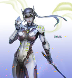 Rule 34 | 1girl, armor, blue background, bodysuit, breasts, character name, chromatic aberration, cowboy shot, cyborg, embers, genderswap, genderswap (mtf), genji (overwatch), gradient background, green eyes, grey background, helmet, highres, holding, holding sword, holding weapon, katana, large breasts, lips, long hair, looking at viewer, mask, unworn mask, nose, overwatch, overwatch 1, pack (pack kuchu), ponytail, scar, scar across eye, scar on face, silver hair, solo, sword, weapon, white background