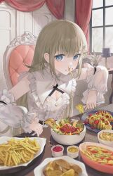 Rule 34 | 1girl, blue eyes, blunt bangs, bowl, breasts, capelet, cattleya regina games, center frills, chair, cleavage, commentary, curtains, detached sleeves, dress, eating, food, food in mouth, fork, french fries, frilled sleeves, frills, full mouth, grey hair, hair ornament, hanabusa lisa, highres, holding, holding fork, lampshade, lettuce, long hair, looking at viewer, medium breasts, mouth hold, nakashima (pluscolor), plant, plate, potato, potato salad, potato wedges, potted plant, sauce, saucer, sidelocks, sitting, solo, table, tomato, tomato sauce, too many, upper body, virtual youtuber, vspo!, white capelet, white dress, white sleeves, window