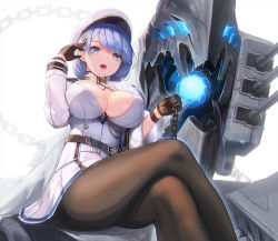 Rule 34 | 1girl, azur lane, belt, black gloves, blue eyes, blue hair, blush, breasts, chain, chapayev (azur lane), gloves, gradient background, hair between eyes, hair ornament, hairclip, hat, highres, jacket, large breasts, looking at viewer, military hat, mole, mole on breast, monster, pantyhose, peaked cap, pleated skirt, pondel, short hair, sitting, skirt, smile, solo, star (symbol), turret, two-tone skirt, white hat, white jacket