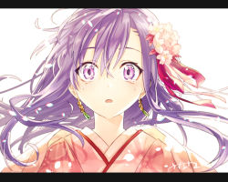 Rule 34 | 1girl, :o, bloom, chromatic aberration, commentary request, earrings, ears visible through hair, eyes visible through hair, fate/grand order, fate (series), floating hair, flower, hair between eyes, hair flower, hair ornament, japanese clothes, jewelry, kimono, letterboxed, long hair, looking at viewer, matou sakura, open mouth, parvati (fate), petals, pink kimono, portrait, profile, purple eyes, purple hair, sacanahen, signature, simple background, solo, tears, white background