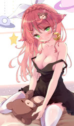 Rule 34 | 1girl, animal ears, bare arms, bare shoulders, black dress, blush, breasts, cleavage, closed mouth, collarbone, commentary request, commission, crescent, dress, emi hoshiko, green eyes, green hair, highres, holding, holding stuffed toy, indie virtual youtuber, long hair, looking at viewer, medium breasts, multicolored hair, no bra, nyahu (nyahu 77), red hair, sitting, skeb commission, sleeveless, sleeveless dress, smile, solo, star (symbol), strap slip, streaked hair, stuffed animal, stuffed toy, teddy bear, thighhighs, virtual youtuber, white thighhighs