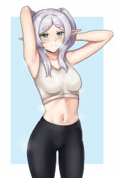 Rule 34 | 1girl, armpits, arms up, bare arms, bare shoulders, black pants, breasts, commentary, cowboy shot, crop top, fangs (fangs art), frieren, green eyes, grey hair, highres, leggings, long hair, looking at viewer, medium breasts, midriff, navel, pants, pointy ears, smile, solo, sousou no frieren, standing, stomach, sweat, tank top, thick eyebrows, thighs, twintails, white tank top