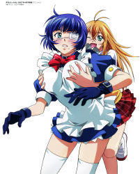 Rule 34 | 00s, 2girls, ;d, absurdres, ahoge, antenna hair, blue hair, blush, grabbing another&#039;s breast, breasts, eyepatch, fang, female focus, gloves, grabbing, green eyes, groping, happy, highres, ikkitousen, large breasts, long hair, maid, mole, mole under mouth, multiple girls, official art, one eye closed, open mouth, orange hair, parted lips, red skirt, rin-sin, ryomou shimei, school uniform, shoes, short hair, simple background, skirt, smile, sonsaku hakufu, surprised, thighhighs, uwabaki, white background, white legwear, yuri, zettai ryouiki