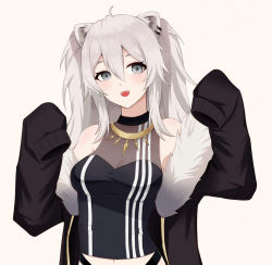 Rule 34 | 1girl, :d, ahoge, animal ears, bare shoulders, blush, breasts, cleavage, earrings, fangs, fur-trimmed jacket, fur trim, grey eyes, grey hair, hair between eyes, hands up, hololive, jacket, jewelry, large breasts, lion ears, lion girl, long hair, looking at viewer, necklace, open mouth, see-through, see-through cleavage, shirt, shishiro botan, shishiro botan (1st costume), sleeveless, sleeveless shirt, sleeves past fingers, sleeves past wrists, smile, solo, sylviez, virtual youtuber