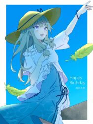 Rule 34 | 1girl, arm up, border, bracelet, commentary request, dated, dress, feathers, green feathers, green hair, happy birthday, hat, highres, jewelry, kanaria wa kyuukyou ni utau (project sekai), kusanagi nene, long hair, low-tied sidelocks, n ps 7, official alternate costume, open mouth, outside border, project sekai, purple eyes, shorts, solo, sun hat, white border