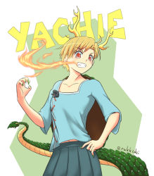 Rule 34 | 1girl, antlers, blonde hair, blue bow, blue shirt, blue skirt, bow, breath weapon, breathing fire, character name, collarbone, commentary, cowboy shot, dragon girl, dragon horns, dragon tail, eyelashes, fire, hand on own hip, horns, kicchou yachie, midriff peek, navel, rakkidei, red eyes, shirt, short hair, short sleeves, skirt, tail, touhou, turtle shell