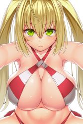 Rule 34 | 1girl, :&lt;, asamura hiori, bikini, blonde hair, blush, breasts, cleavage, closed mouth, collarbone, criss-cross halter, fate/grand order, fate (series), green eyes, hair between eyes, hair intakes, halterneck, highres, large breasts, long hair, looking at viewer, nero claudius (fate), nero claudius (fate) (all), nero claudius (swimsuit) (fate), nero claudius (swimsuit caster) (fate), red bikini, simple background, solo, striped bikini, striped clothes, swimsuit, tsurime, twintails, white background