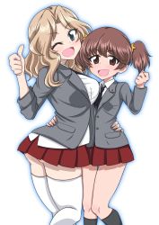 Rule 34 | 10s, 2girls, ;d, absurdres, alisa (girls und panzer), arched back, arm around waist, ass, black neckwear, black socks, blazer, blonde hair, blouse, blue eyes, breasts, brown eyes, brown hair, clenched hand, commentary, dress shirt, emblem, flat chest, freckles, girls und panzer, grey jacket, hair intakes, hair ornament, head tilt, highres, hug, jacket, kay (girls und panzer), kentarou (ken-chan no tokoro), kneehighs, large breasts, long hair, long sleeves, looking at viewer, microskirt, miniskirt, multiple girls, mutual hug, necktie, one eye closed, open clothes, open jacket, open mouth, pleated skirt, red skirt, saunders (emblem), saunders school uniform, school uniform, shirt, short hair, short twintails, simple background, skirt, sleeves rolled up, smile, socks, standing, star (symbol), star hair ornament, thighhighs, thumbs up, twintails, v-shaped eyebrows, white background, white legwear, white shirt, zettai ryouiki