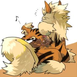 Rule 34 | arcanine, creatures (company), evolutionary line, fangs, from behind, game freak, gen 1 pokemon, growlithe, jumping, mndutrg, musical note, nintendo, no humans, pokemon, pokemon (creature), quaver, simple background, white background