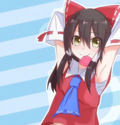 Rule 34 | 1boy, armpits, black hair, bow, ccc star5, closed mouth, commentary request, condom, condom wrapper, cookie (touhou), detached sleeves, hair between eyes, hair bow, hair tubes, hakurei reimu, long hair, looking at viewer, male focus, mouth hold, mugi (cookie), red bow, sarashi, smile, solo, touhou, trap, upper body, yellow eyes, yellow neckwear
