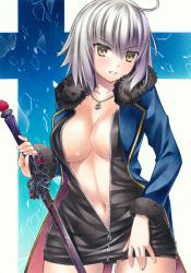 Rule 34 | 1girl, ahoge, bad id, bad pixiv id, black dress, black panties, blue coat, blush, breasts, cleavage, coat, collarbone, cowboy shot, dress, fate/grand order, fate (series), fur coat, hair between eyes, holding, holding sword, holding weapon, jeanne d&#039;arc (fate), jeanne d&#039;arc alter (fate), jeanne d&#039;arc alter (ver. shinjuku 1999) (fate), jewelry, large breasts, looking at viewer, midriff, navel, necklace, official alternate costume, open clothes, open coat, panties, parted lips, partially unzipped, pastel (medium), short dress, short hair, silver hair, solo, stomach, sword, thigh gap, traditional media, underwear, weapon, yellow eyes, yuto takumi