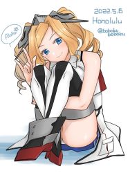 Rule 34 | 1girl, blonde hair, blue dress, blue eyes, bobokuboboku, breasts, character name, crop top, dated, dress, drill hair, honolulu (kancolle), hugging own legs, kantai collection, large breasts, long hair, looking at viewer, military, military uniform, one-hour drawing challenge, overskirt, pleated dress, simple background, sitting, solo, thighhighs, twin drills, twintails, twitter username, uniform, v, white background