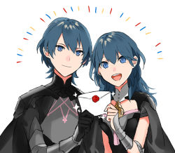 Rule 34 | 1boy, 1girl, armor, blue eyes, blue hair, byleth (female) (fire emblem), byleth (fire emblem), byleth (male) (fire emblem), cape, closed mouth, envelope, fire emblem, fire emblem: three houses, grin, holding, looking at viewer, menoko, nintendo, open mouth, short hair, simple background, smash invitation, smile, standing, super smash bros., upper body, wax seal, white background