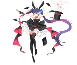 Rule 34 | 1girl, 2020, ;), alternate costume, armpits, arms up, black gloves, black hat, black rock shooter, black rock shooter (character), black skirt, black thighhighs, blue eyes, blush, bow, bowtie, breasts, card, cleavage, closed mouth, floating hair, full body, gloves, gradient hair, hat, highres, holding, holding card, holding clothes, holding hat, layered skirt, long hair, looking at viewer, medium breasts, medium skirt, multicolored hair, one eye closed, outstretched arms, oywj, purple hair, rabbit, red bow, red bowtie, skirt, skirt set, smile, solo, strapless, thighhighs, transparent background, unworn hat, unworn headwear, very long hair, white skirt