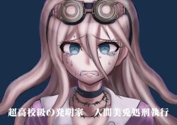 Rule 34 | 1girl, barbed wire, black choker, blonde hair, blue background, blue eyes, breasts, choker, clenched teeth, collarbone, commentary request, crying, crying with eyes open, danganronpa (series), danganronpa v3: killing harmony, goggles, goggles on head, hair between eyes, iruma miu, jewelry, long hair, looking at viewer, mou (hntg7838), necklace, pink hair, portrait, sad, simple background, solo, striped, tears, teeth