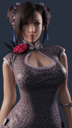 Rule 34 | 1girl, 3d, animal print, blender (medium), breasts, brown eyes, brown hair, china dress, chinese clothes, cleavage cutout, clothing cutout, curvy, dress, final fantasy, final fantasy vii, final fantasy vii remake, highres, large breasts, leopard print, official alternate costume, solo, square enix, tifa lockhart, wall market